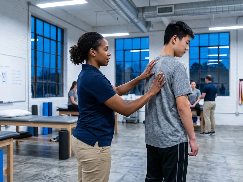 Physical therapist assessing a patient's spine and hip movement
