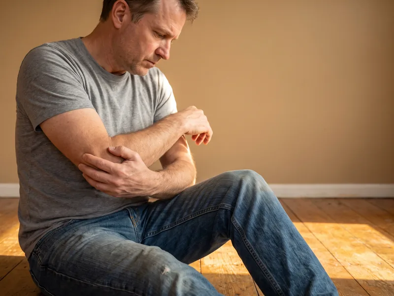 Physical therapist assessing a patient's elbow, wrist and hand movement