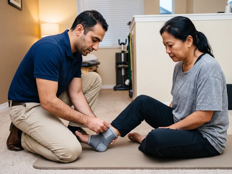 Physical therapist assessing a patient's foot and ankle movement and mobility