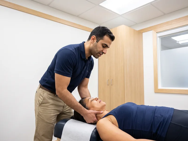 Physical therapist assessing a patient's neck movement and mobility