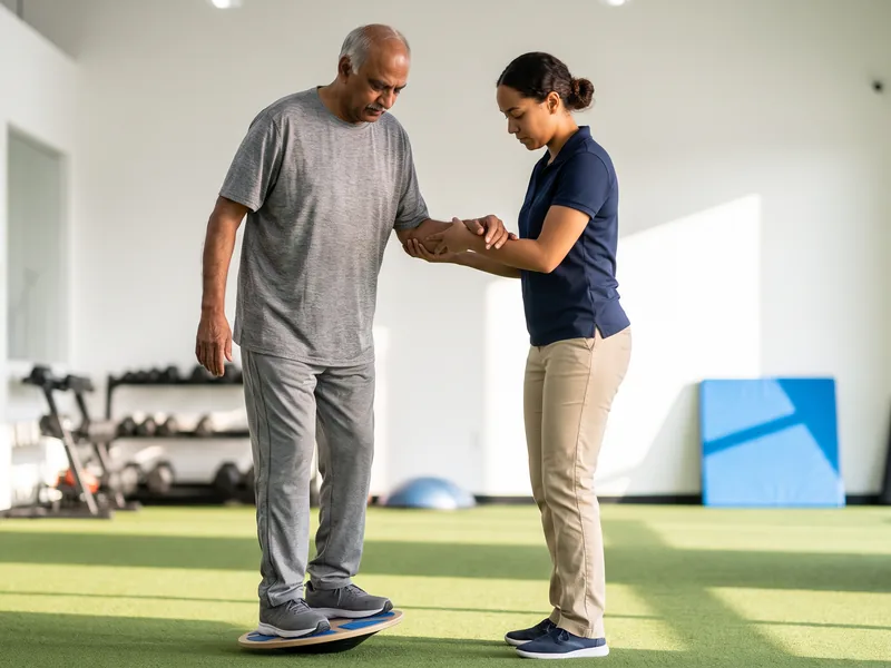 Physical therapist guiding a patient through large-amplitude walking and balance practice