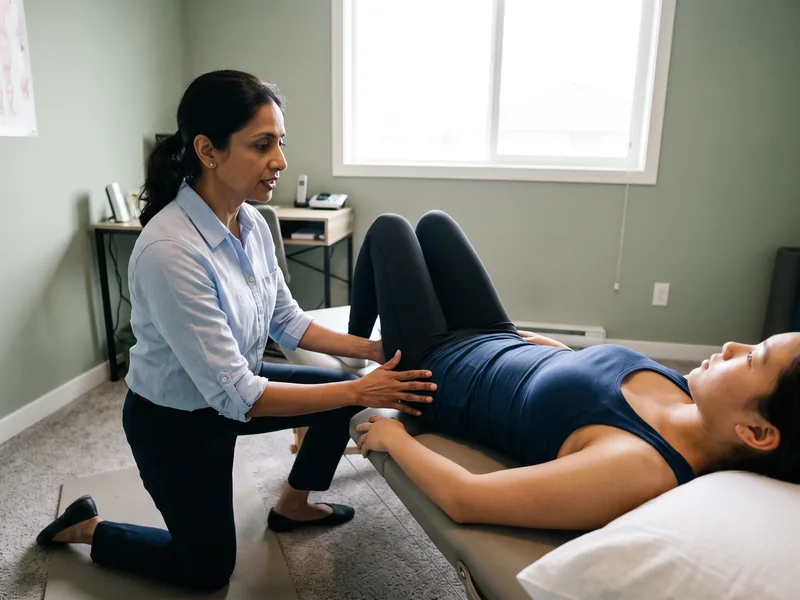 Physical therapist guiding a patient through pelvic floor and deep core exercises