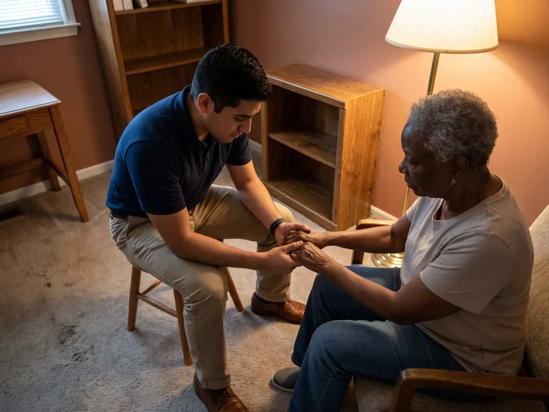 Physical therapist guiding a patient through balance and walking practice after a stroke