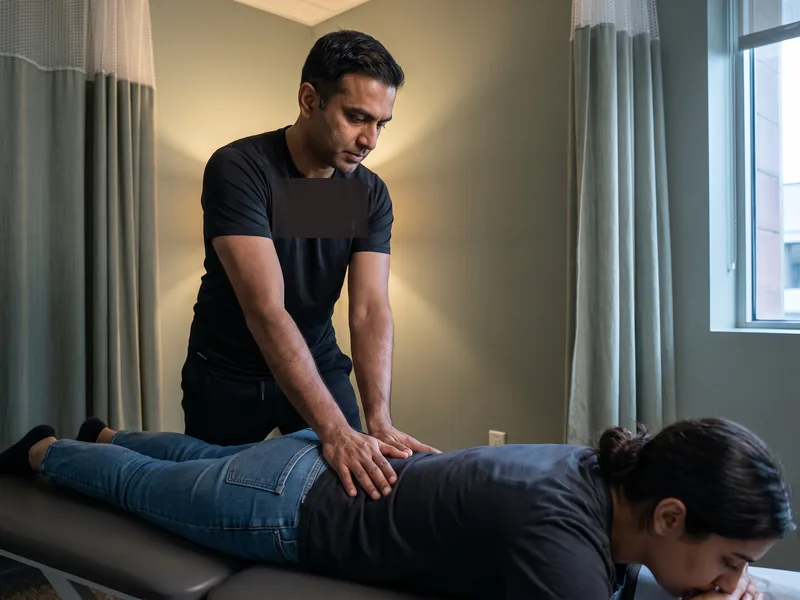 Doctor of Physical Therapy performing hands-on joint mobilization on a patient's shoulder