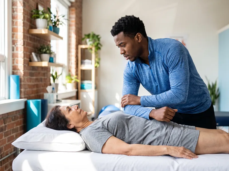 Doctor of Physical Therapy assessing a patient's knee range of motion