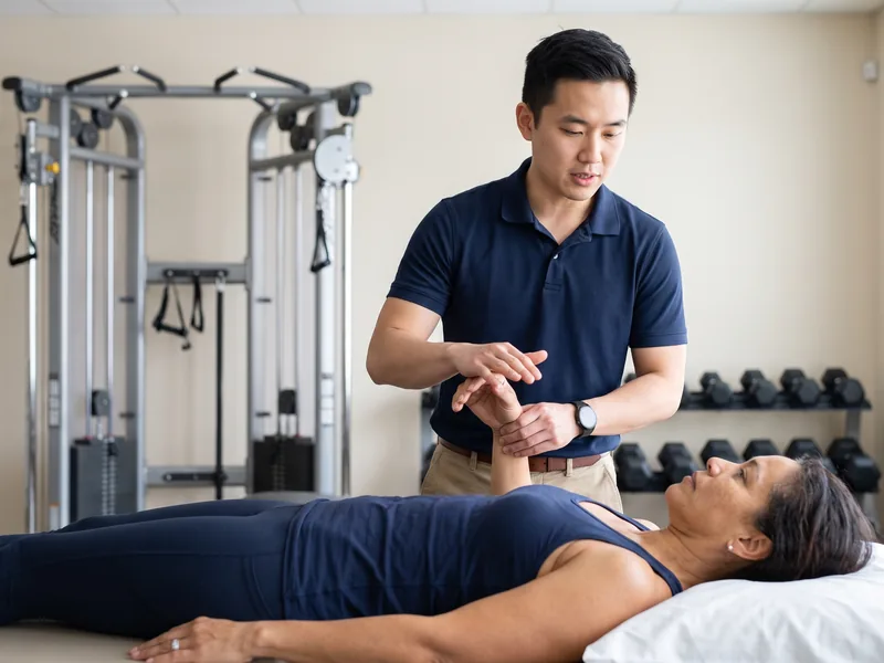 Doctor of Physical Therapy guiding a patient through a strengthening exercise
